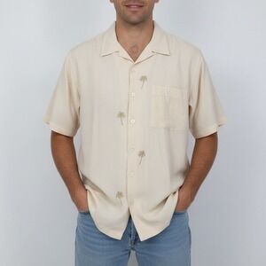 LUAU Silk Palm Tree Embroidered Button Up Shirt Men's Size L Cream Tropical
